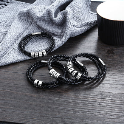 Personalized Mens Braided Genuine Leather Bracelet Stainless Steel Custom Beads Name Charm Bracelet For Men With Family Names A&S Collection