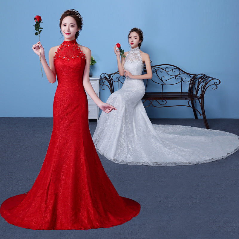 Big red wedding dress bride large size waist fishtail wedding dress palace fishtail tail Korean hanging neck A&S Collection