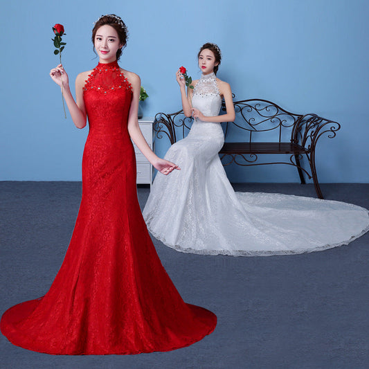 Big red wedding dress bride large size waist fishtail wedding dress palace fishtail tail Korean hanging neck A&S Collection