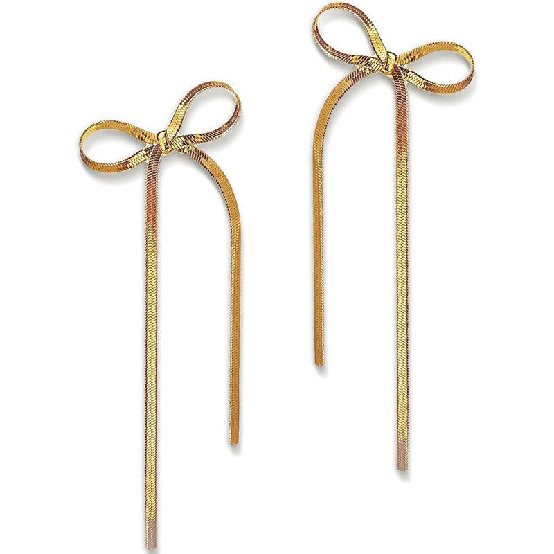 Stainless Steel Jewelry Wholesale: Non-tarnish Herringbone Bow Earrings, Hypoallergenic 18k Gold Plated Ribbon Bowknot Earrings CJ
