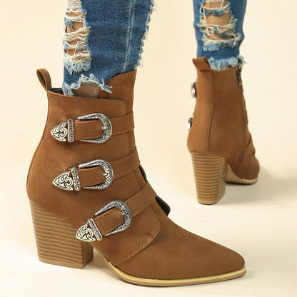 Chunky Heel Pointed Toe Boots With Belt Buckle Design Retro Mid-calf Boot Fashion Fall Winter Shoes For Women A&S Collection