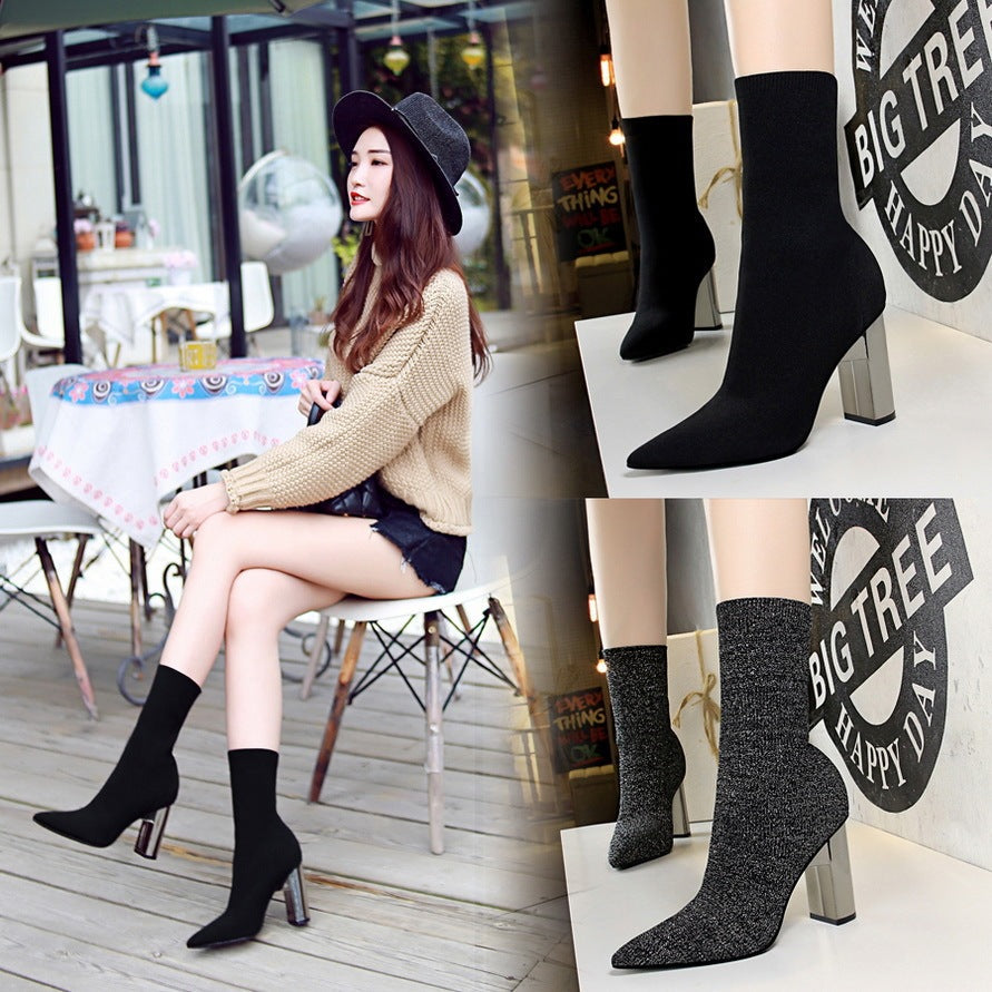 Stylish Short Tube Women's Boots with Metal Thick High Heels CJ