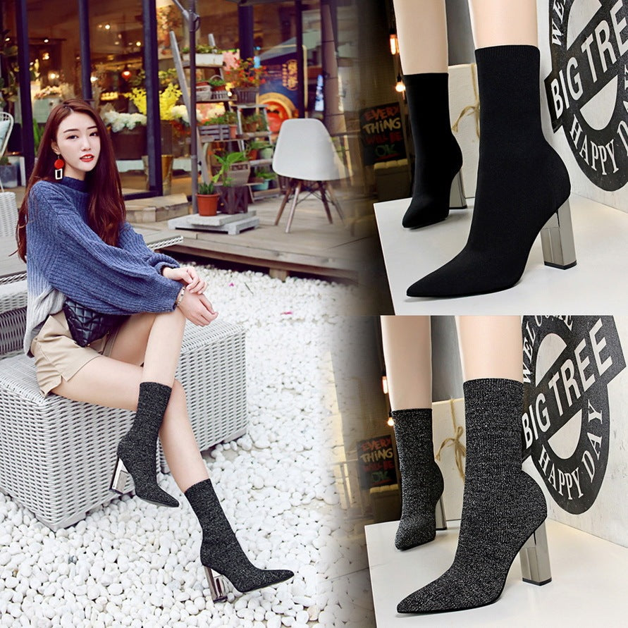 Stylish Short Tube Women's Boots with Metal Thick High Heels CJ