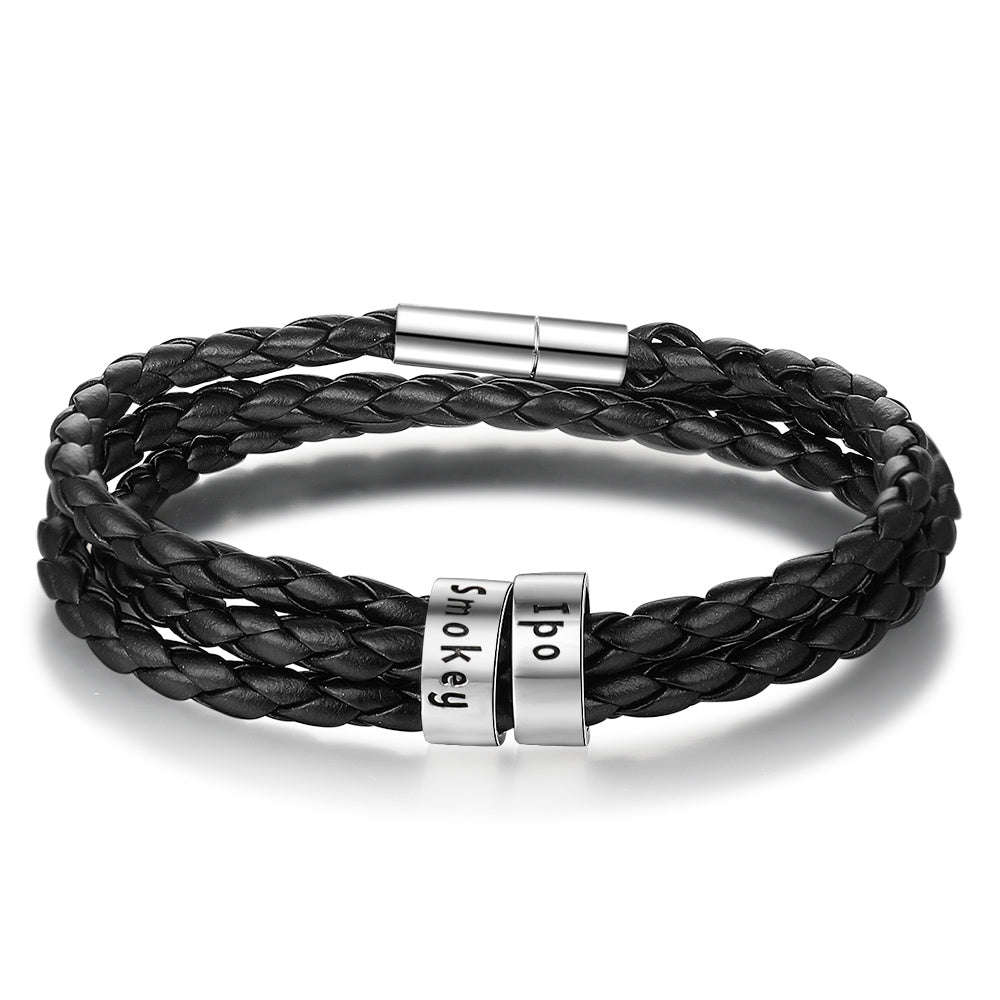 Personalized Mens Braided Genuine Leather Bracelet Stainless Steel Custom Beads Name Charm Bracelet For Men With Family Names A&S Collection