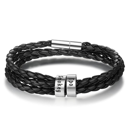 Personalized Mens Braided Genuine Leather Bracelet Stainless Steel Custom Beads Name Charm Bracelet For Men With Family Names A&S Collection