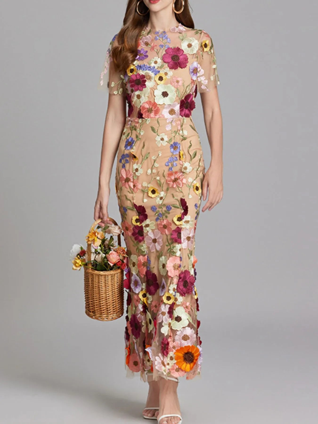 Floral Embroidered Mesh Overlay Maxi Dress.
