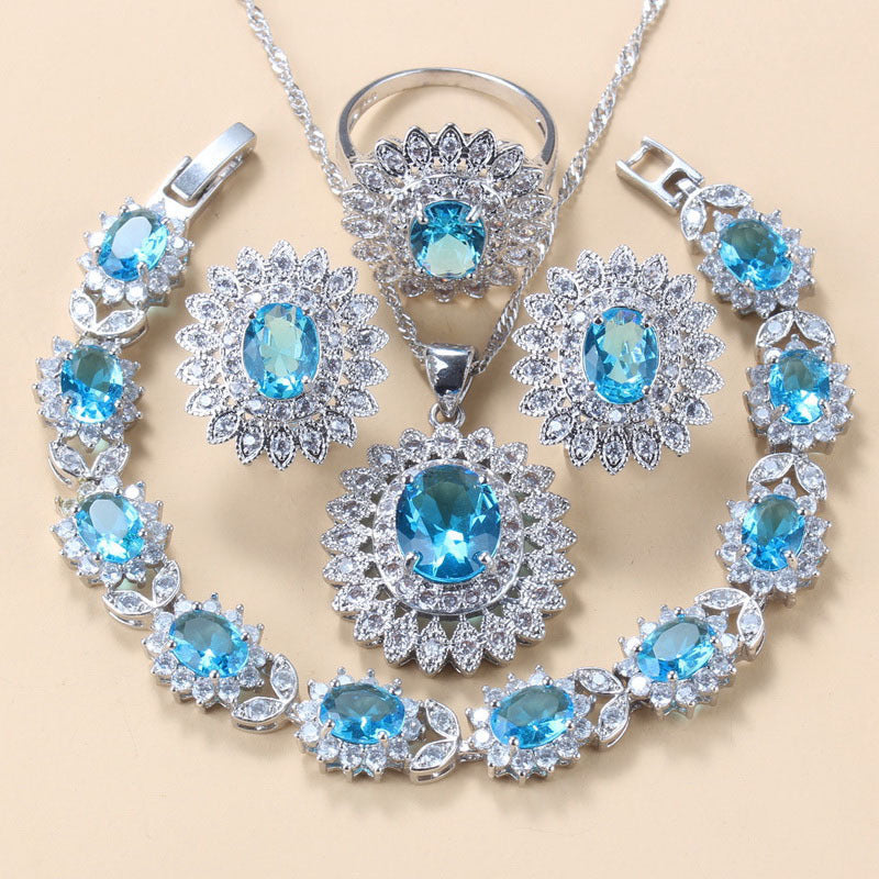 Garnet Cubic Zirconia Earrings Pendant Necklace Bracelet Ring Gift 4 PCs Set A&S Collection