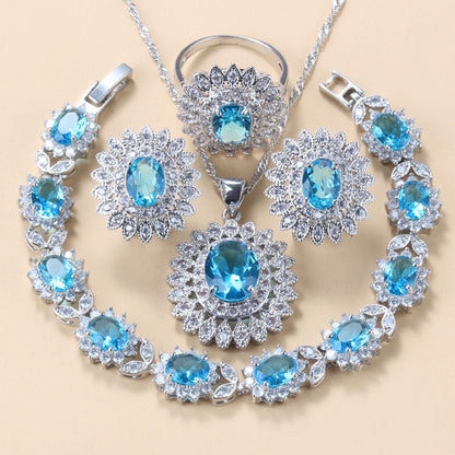 Garnet Cubic Zirconia Earrings Pendant Necklace Bracelet Ring Gift 4 PCs Set A&S Collection