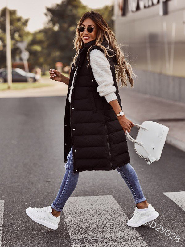 Solid color hooded single breasted medium long cotton-padded vest slim temperament cardigan coat top Hypersku