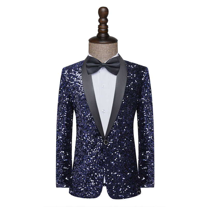 Stunning navy blue sequined tuxedo jacket with a black satin lapel, perfect for formal events. A&S Collection