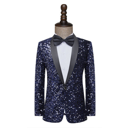 Stunning navy blue sequined tuxedo jacket with a black satin lapel, perfect for formal events. A&S Collection