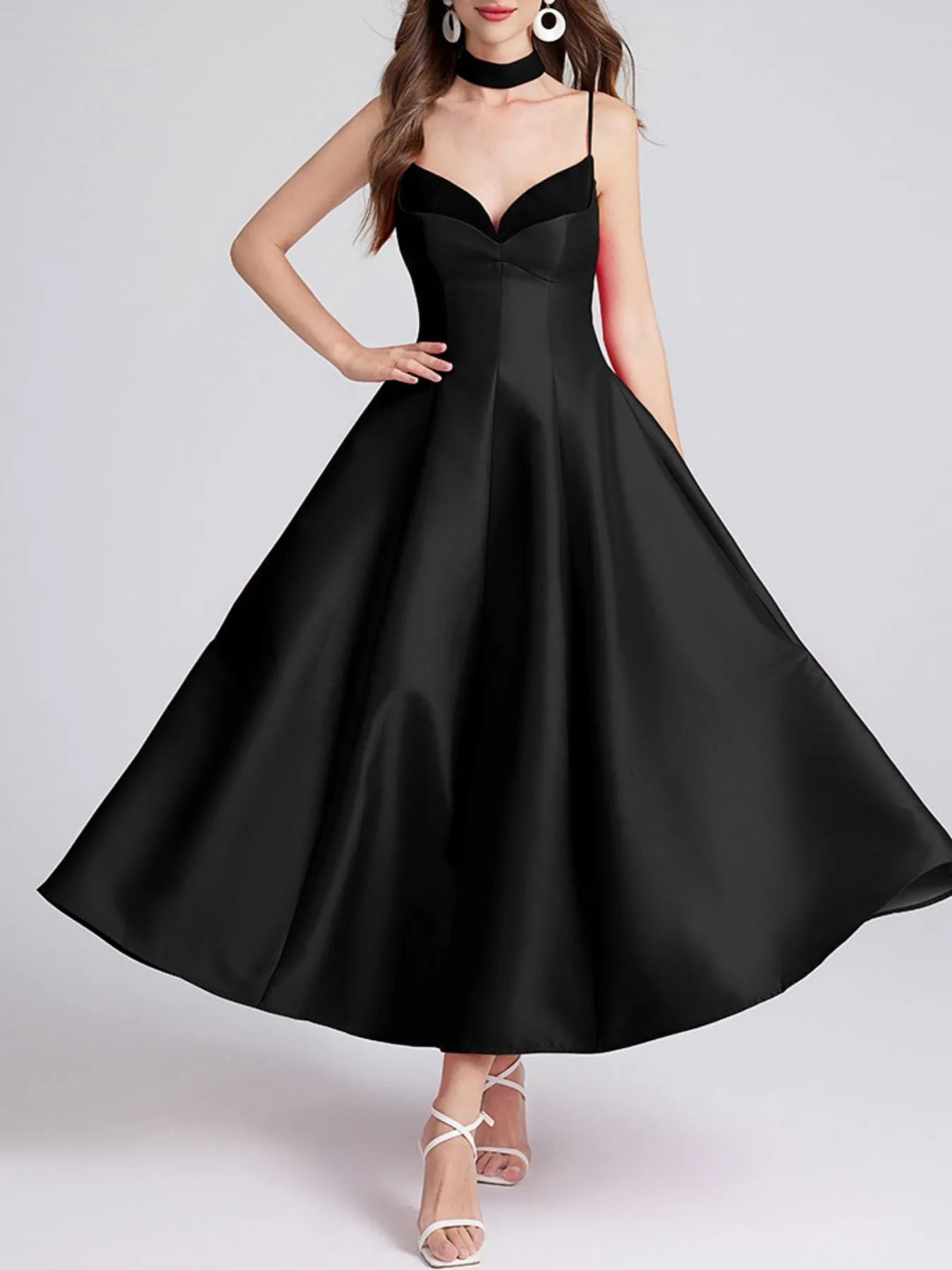 Sweetheart Spaghetti Strap Midi Dress with Collar.