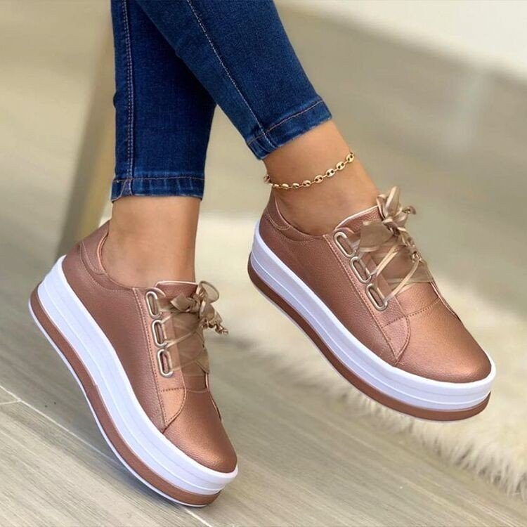 Elegant Ribbon Lace-Up Platform Sneakers for Women: Fashion-Forward Flats for Effortless Style A&S Collection