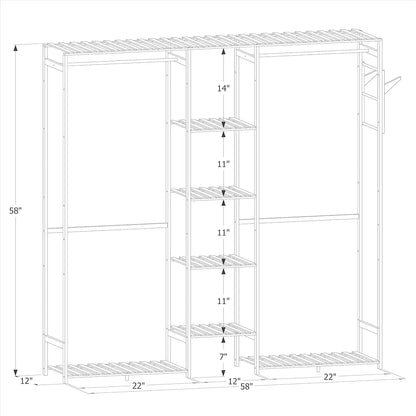 Bamboo Clothes Rack with Double Rods and Storage Shelves Free Standing Open Wardrobe Rack for Hanging Clothes and Storage for Be A&S Collection
