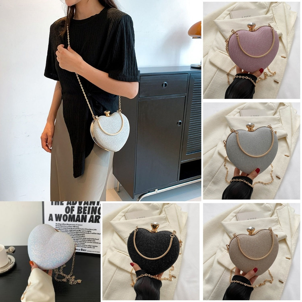 Evening Clutch Bag Women Bag Shiny Handbag Heart Shape Metal Clutches Bag Fashion Chain Shoulder Crossbody Bag Luxury Lady Purse Valentines Day Outfit A&S Collection