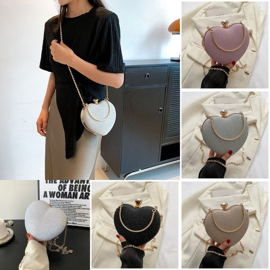 Evening Clutch Bag Women Bag Shiny Handbag Heart Shape Metal Clutches Bag Fashion Chain Shoulder Crossbody Bag Luxury Lady Purse Valentines Day Outfit A&S Collection