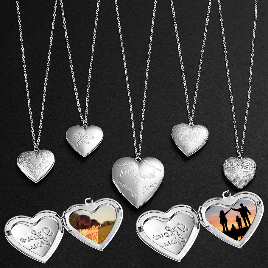 Carved Design Love Necklace Personalized Heart-shaped Photo Frame Pendant Necklace For Women Family Jewelry For Valentine's Day A&S Collection