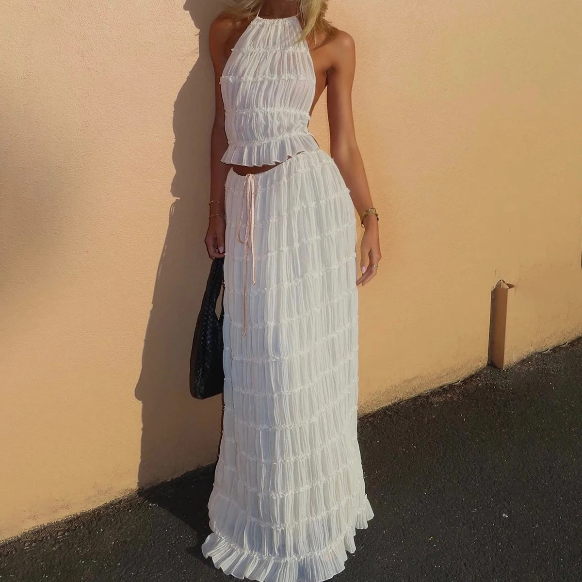 2pcs Women's Dress Suit Sexy Sleeveless Backless Cropped Halter Top And Pleated Long Skirt Beach Clothing A&S Collection