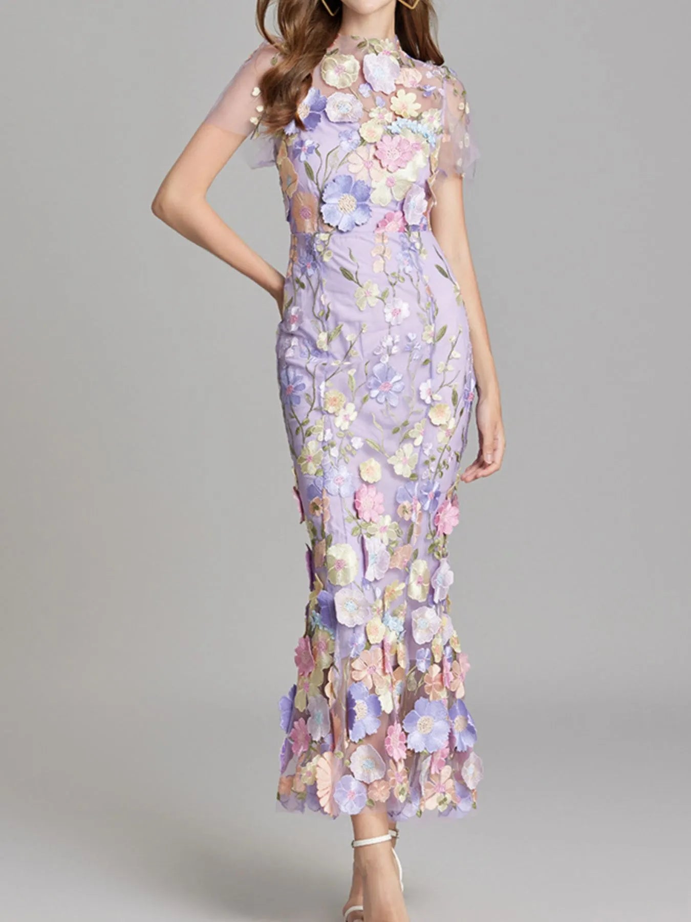 Floral Embroidered Mesh Overlay Maxi Dress.