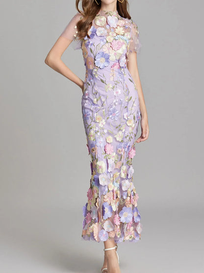 Floral Embroidered Mesh Overlay Maxi Dress.