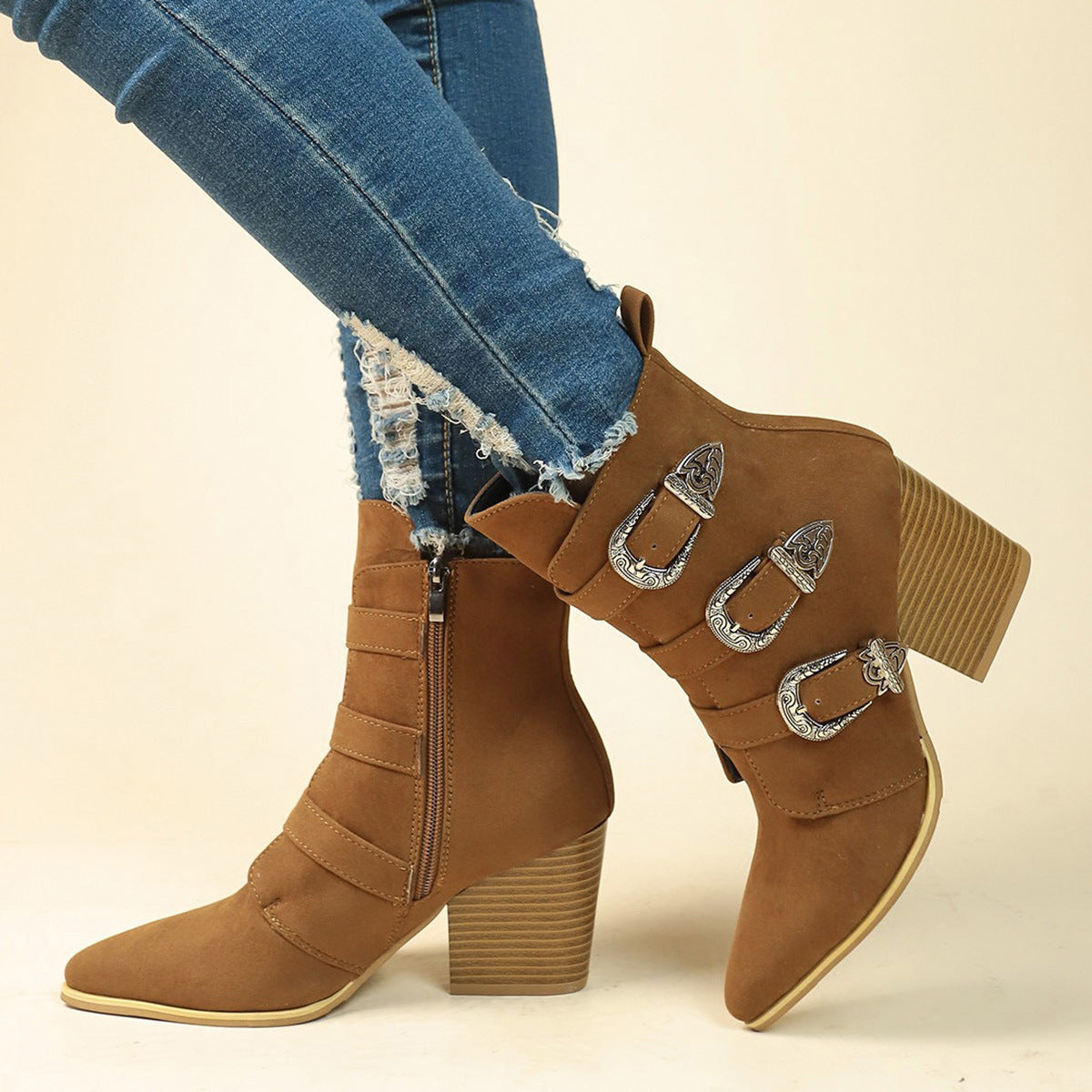 Chunky Heel Pointed Toe Boots With Belt Buckle Design Retro Mid-calf Boot Fashion Fall Winter Shoes For Women A&S Collection