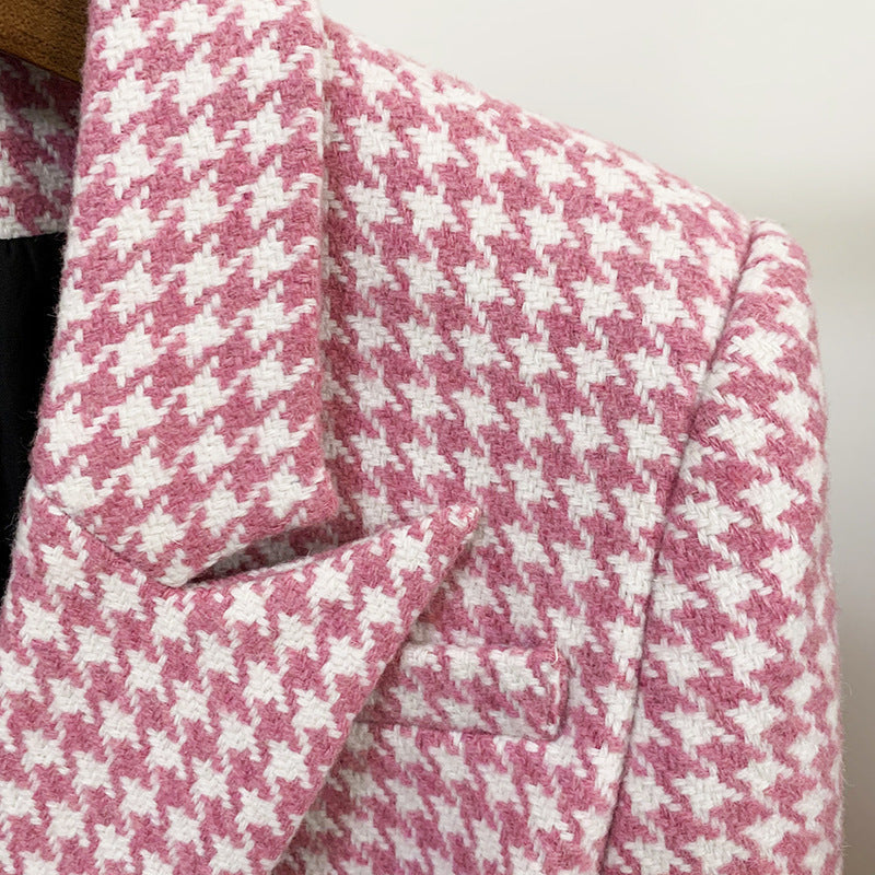 European and American star fashion double breasted lion button pink plaid wool trim suit jacket A&S Collection