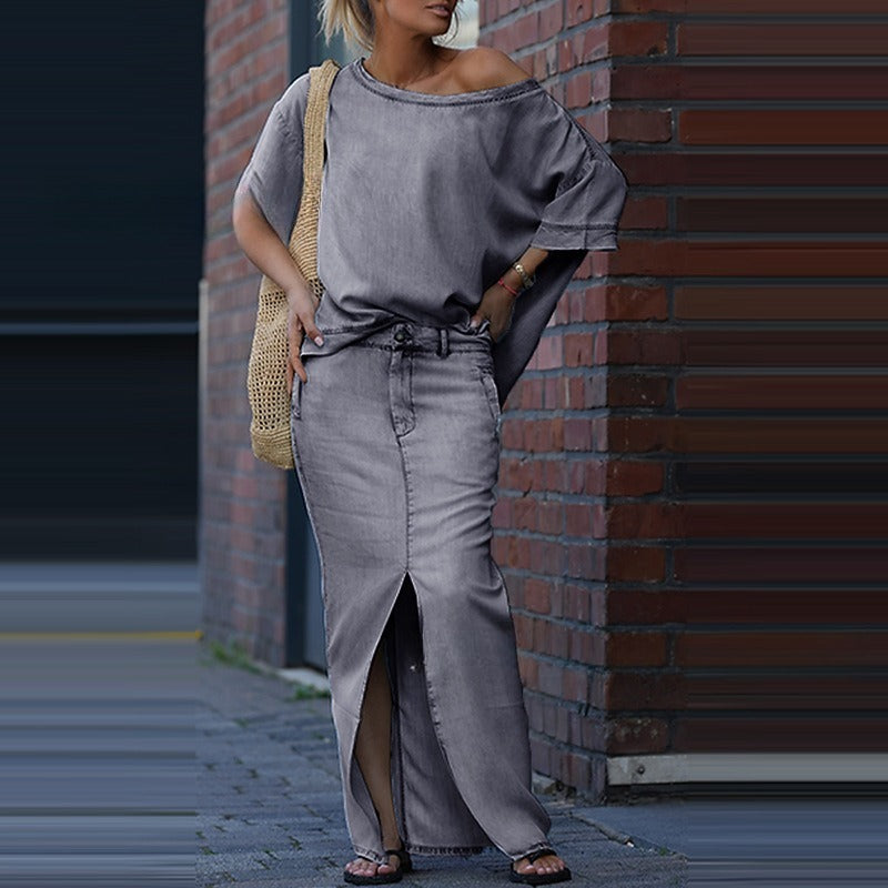 Two-piece Skirt Suits Fashion Loose Bat-sleeved Short Sleeve Top And Slim Fit Slit Maxi Skirt Patchwork Chic Outfit Women's Clothing.