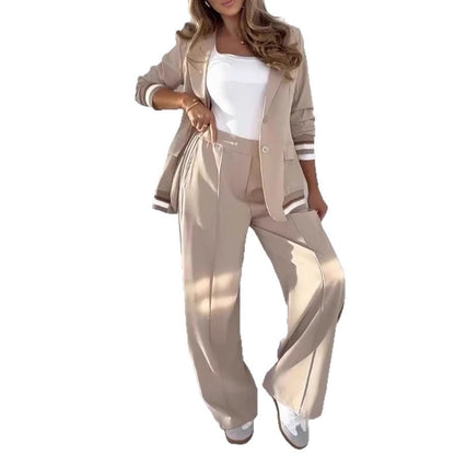 2 Pcs Set Women Suit Coat Pants Suit Lapel Long Sleeves Lady Jacket Wide Leg High Waist Trousers Female Commuting Office Outfit A&S Collection