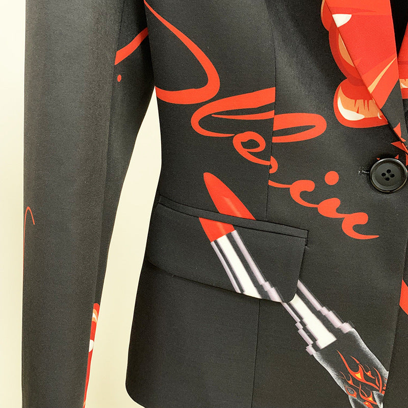 autumn and winter star fashion: Red lip letter print button suit with bell-bottom pants A&S Collection