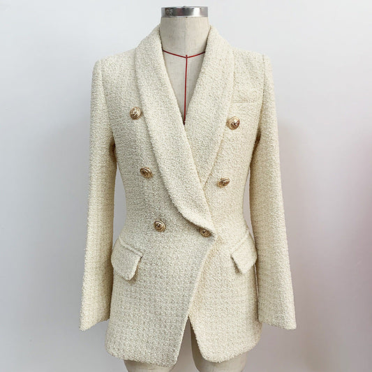 European and American spot fashion green collar tweed apricot thick gold lion buckle slim suit jacket A&S Collection