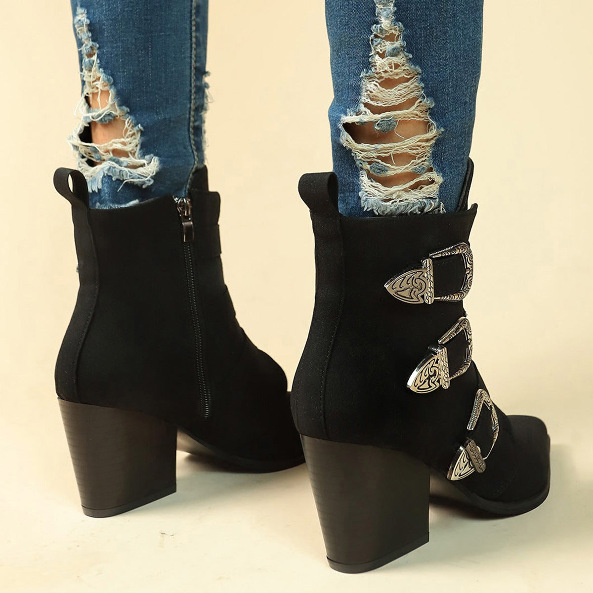 Chunky Heel Pointed Toe Boots With Belt Buckle Design Retro Mid-calf Boot Fashion Fall Winter Shoes For Women A&S Collection