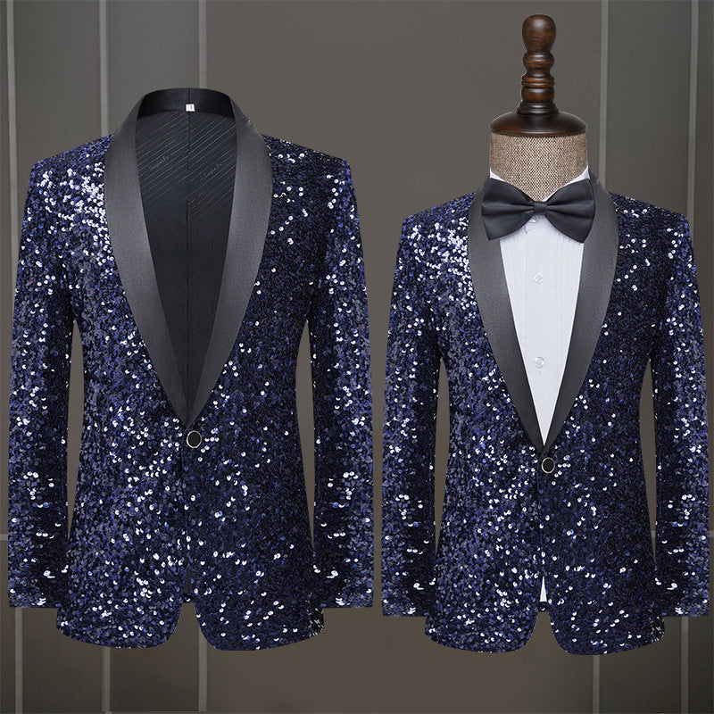 Stunning navy blue sequined tuxedo jacket with a black satin lapel, perfect for formal events. A&S Collection