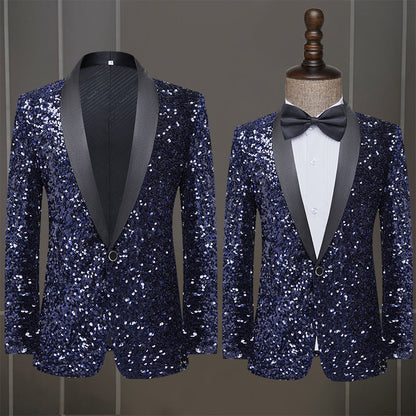 Stunning navy blue sequined tuxedo jacket with a black satin lapel, perfect for formal events. A&S Collection