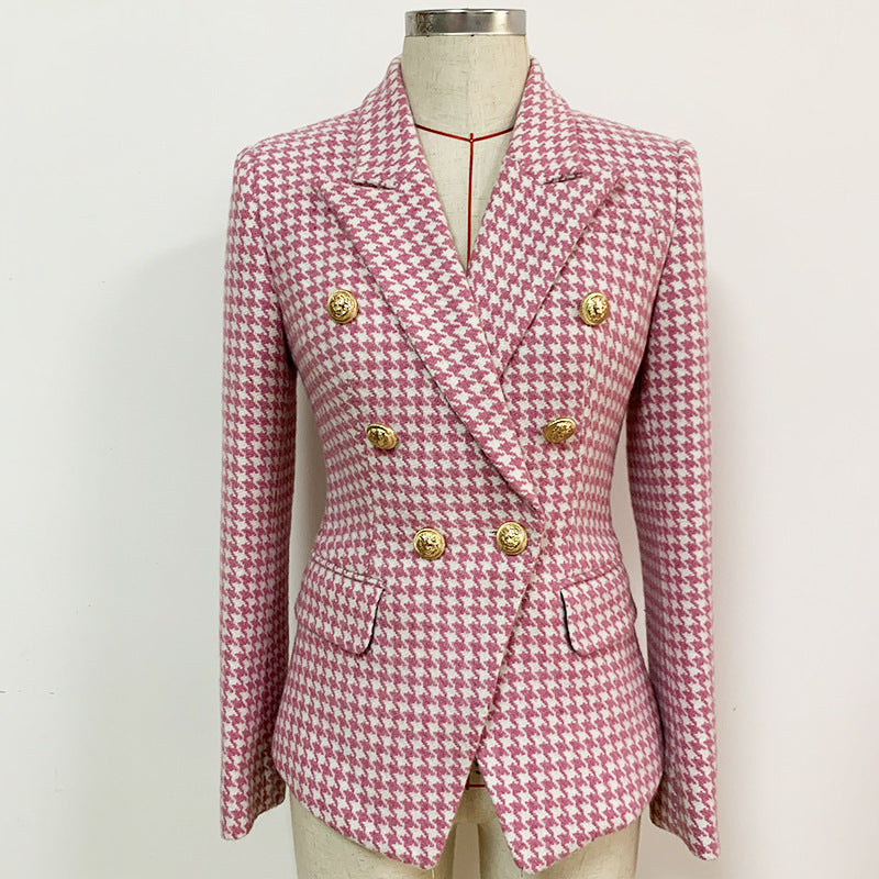 European and American star fashion double breasted lion button pink plaid wool trim suit jacket A&S Collection
