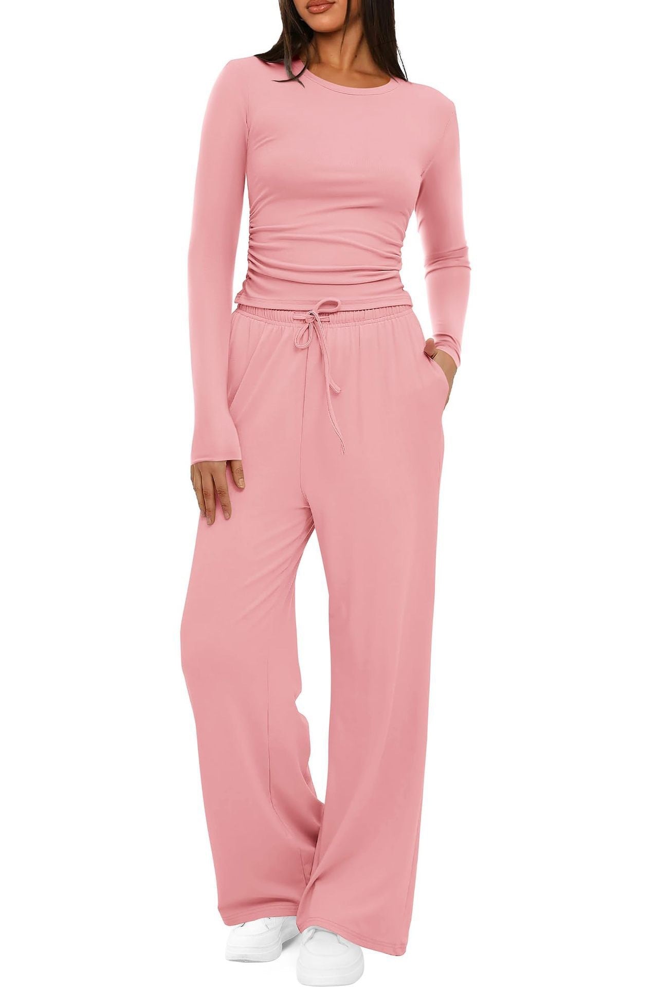 2 Pieces Women's Suit Autumn Winte Long Sleeve Tops High Waisted Wide Leg Pants Sportswear Female Clothes Solid Color Casual Suit.