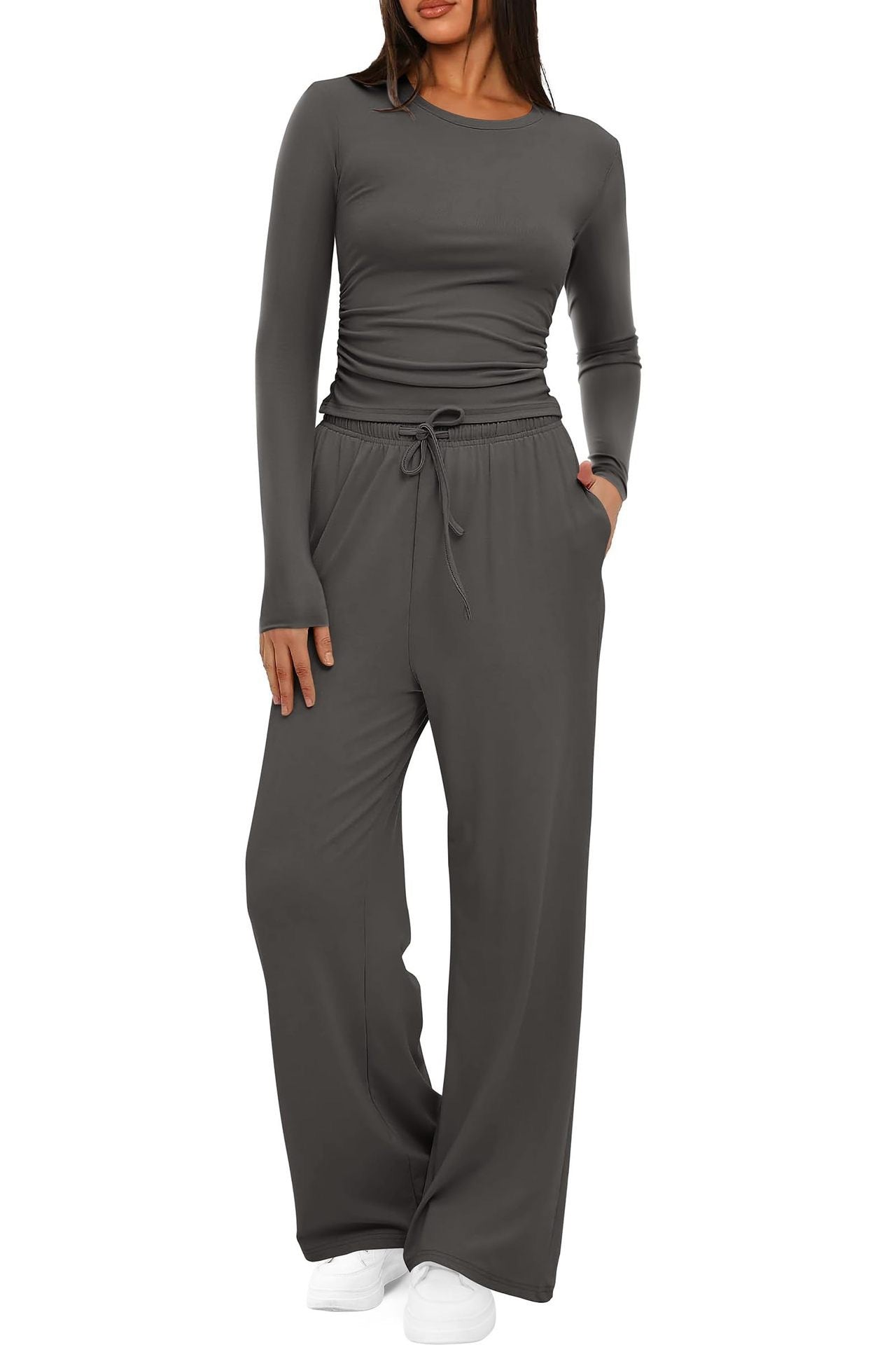 2 Pieces Women's Suit Autumn Winte Long Sleeve Tops High Waisted Wide Leg Pants Sportswear Female Clothes Solid Color Casual Suit.