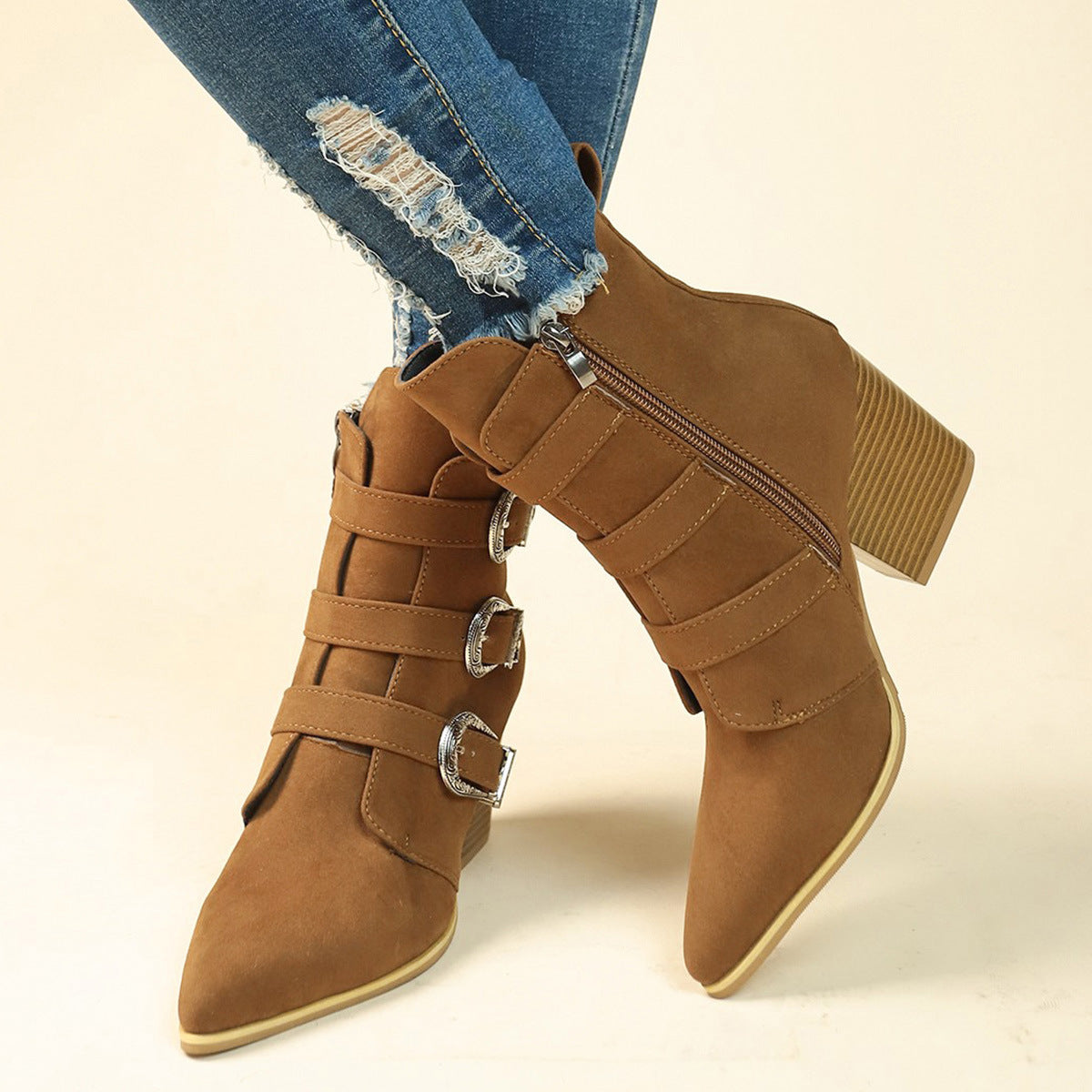 Chunky Heel Pointed Toe Boots With Belt Buckle Design Retro Mid-calf Boot Fashion Fall Winter Shoes For Women A&S Collection