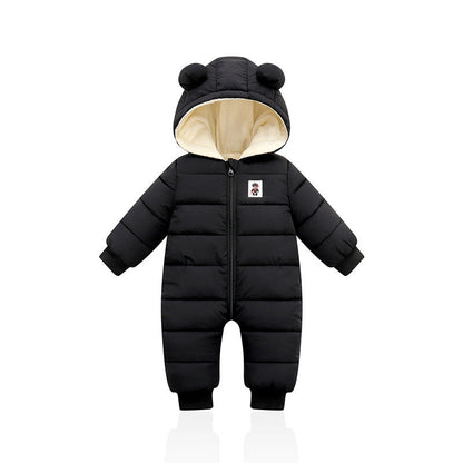 Cozy baby winter onesie with bear ears, padded for warmth with front zipper and bear patch design. A&S Collection