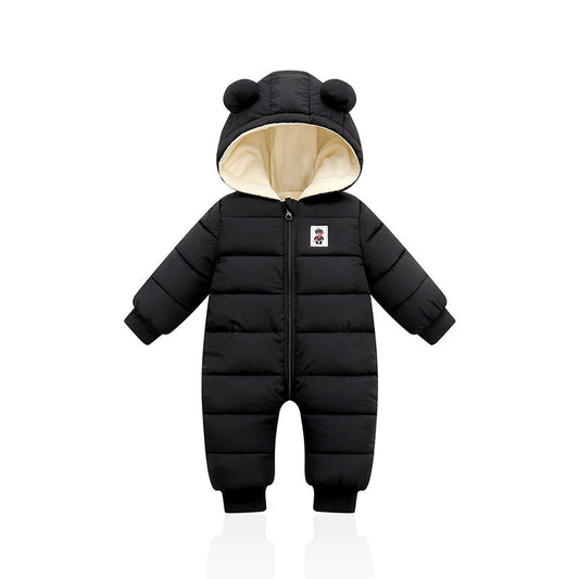 Cozy baby winter onesie with bear ears, padded for warmth with front zipper and bear patch design. A&S Collection
