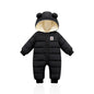 Cozy baby winter onesie with bear ears, padded for warmth with front zipper and bear patch design. A&S Collection