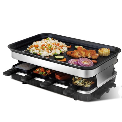 Raclette Grill 8 People Grill Plate Non-stick Coated, Raclette With 8 Mini Raclette Pans, Infinitely Adjustable Temperature, 1500W A&S Collection