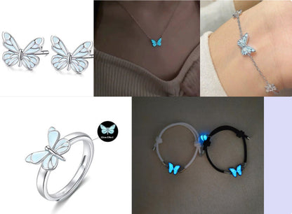 Glow-in-the-Dark Luminous Butterfly Jewelry Set: Stunning Blue Necklace and Bracelet Combo – Perfect Clavicle Chain Choker for Women’s Parties and Gifts" CJ