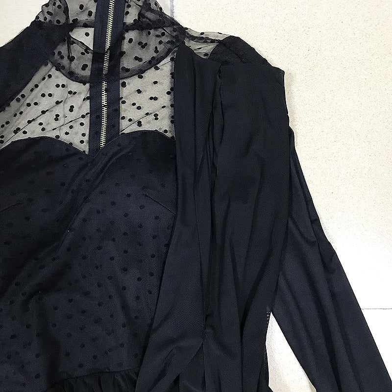 European and American stars the same sexy wave dot mesh splicing slim bag hip fold irregular dress A&S Collection