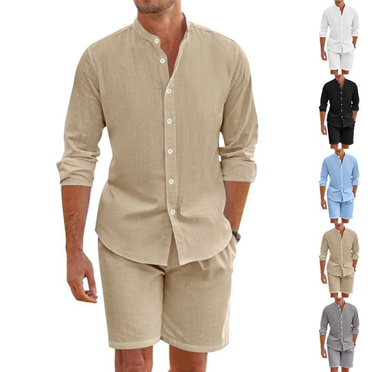 Summer Short Shirt Suit Fashion Lapel Button Down Short Sleeve Top And Drawstring Shorts Beach Clothing For Men A&S Collection
