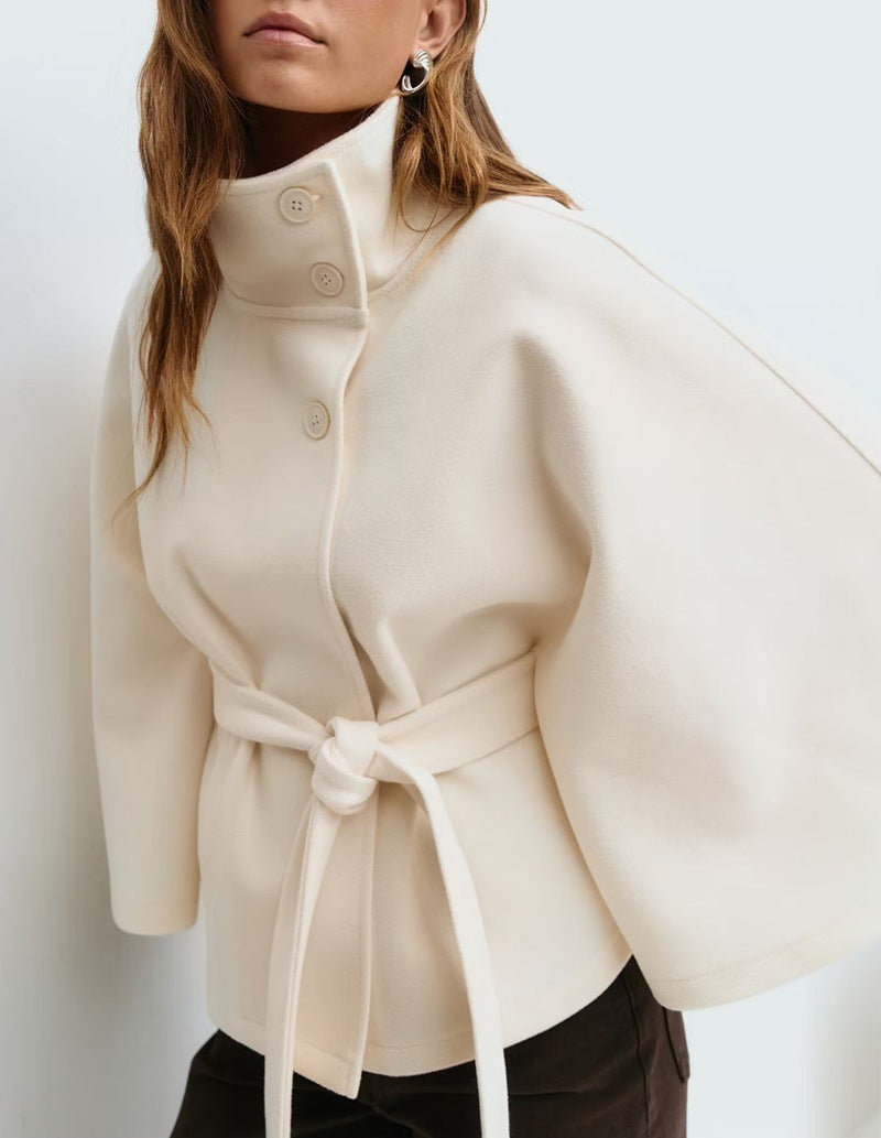 Winter High Neck Batwing Sleeve Coat With Belt Fashion Loose Elegant Button Top Trench Coat For Women Clothing A&S Collection
