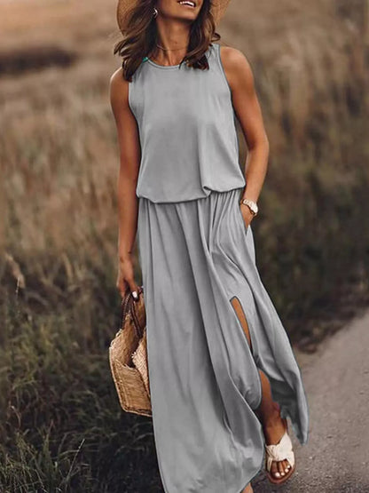 Full Size Round Neck Sleeveless Slit Maxi Dress Plus Size.