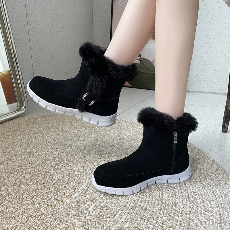 New Snow Boots Winter Warm Thickened Solid Color Plush Ankle Boots With Buckle Design Plus Velvet Flat Shoes For Women A&S Collection