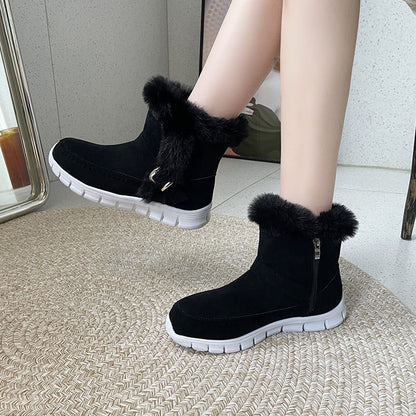 New Snow Boots Winter Warm Thickened Solid Color Plush Ankle Boots With Buckle Design Plus Velvet Flat Shoes For Women A&S Collection