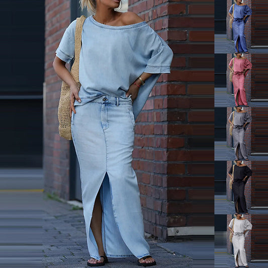 Two-piece Skirt Suits Fashion Loose Bat-sleeved Short Sleeve Top And Slim Fit Slit Maxi Skirt Patchwork Chic Outfit Women's Clothing.