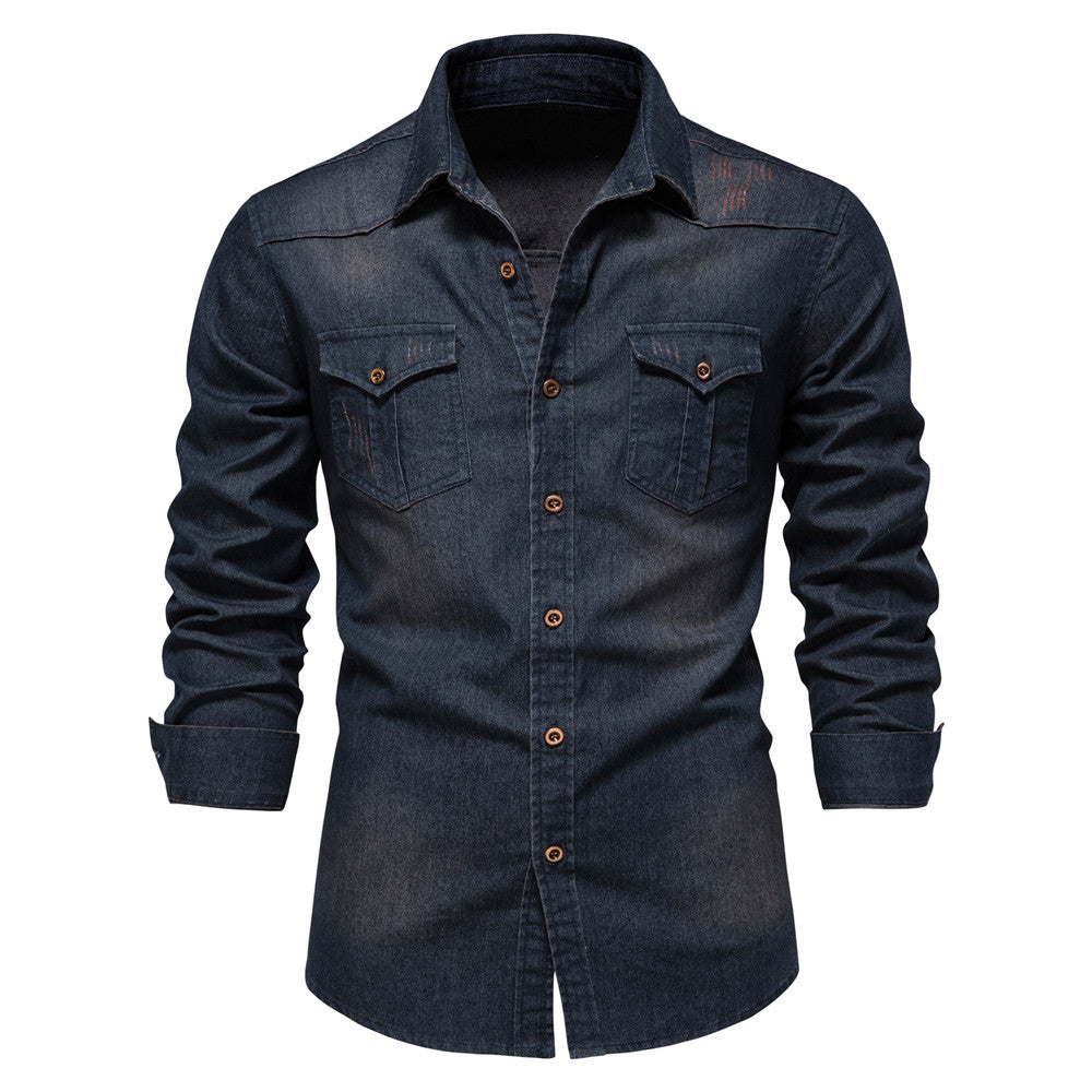 Men's Long-sleeved Denim Shirt Casual Solid Button Slim Tops Clothing A&S Collection